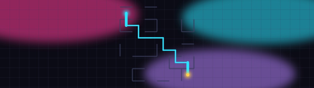 Bandeau Labyrinthe : le motif du jeu en néon sur fond sombre.
