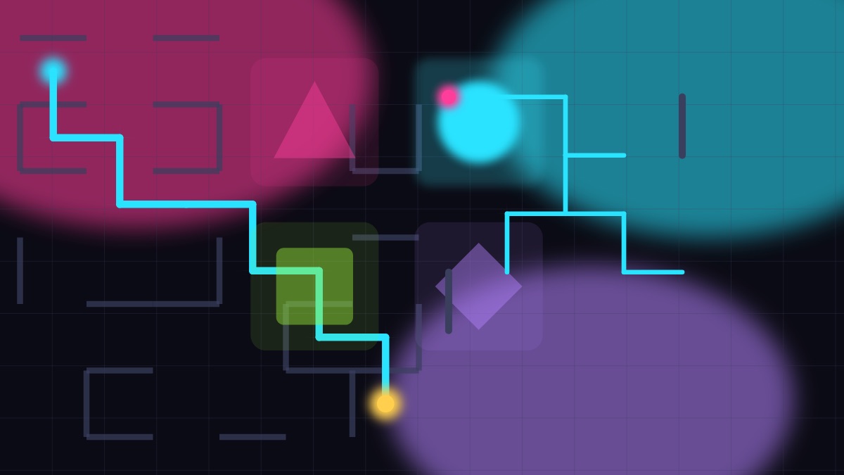 Un labyrinthe au tracé cyan lumineux, des pavés néon en forme de triangle et de losange, et un réseau de tuyaux, sur un fond sombre quadrillé.